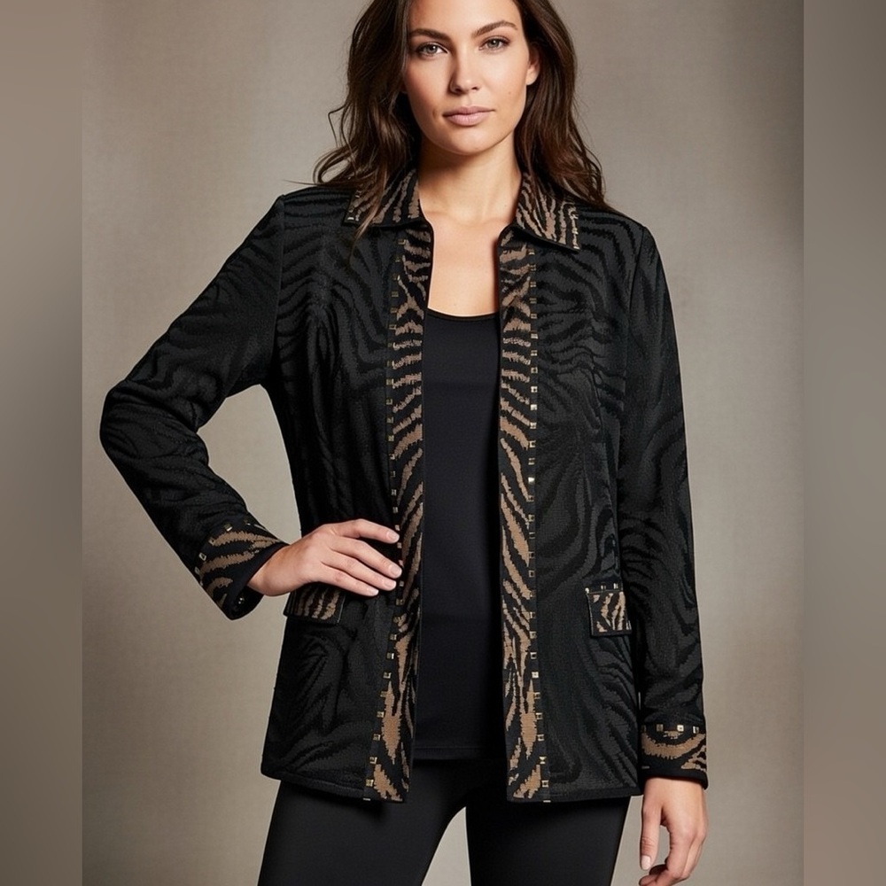 Ming Wang Black Brown Knit Cardigan Jacket Pockets Studs Trim Animal Print PM